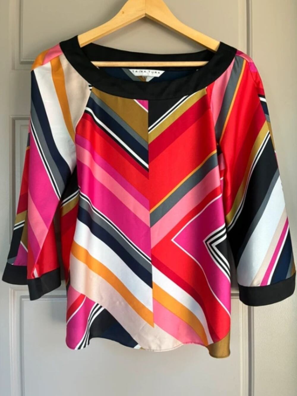 Trina Turk chevron bright pink red white striped flowy shirt blouse top